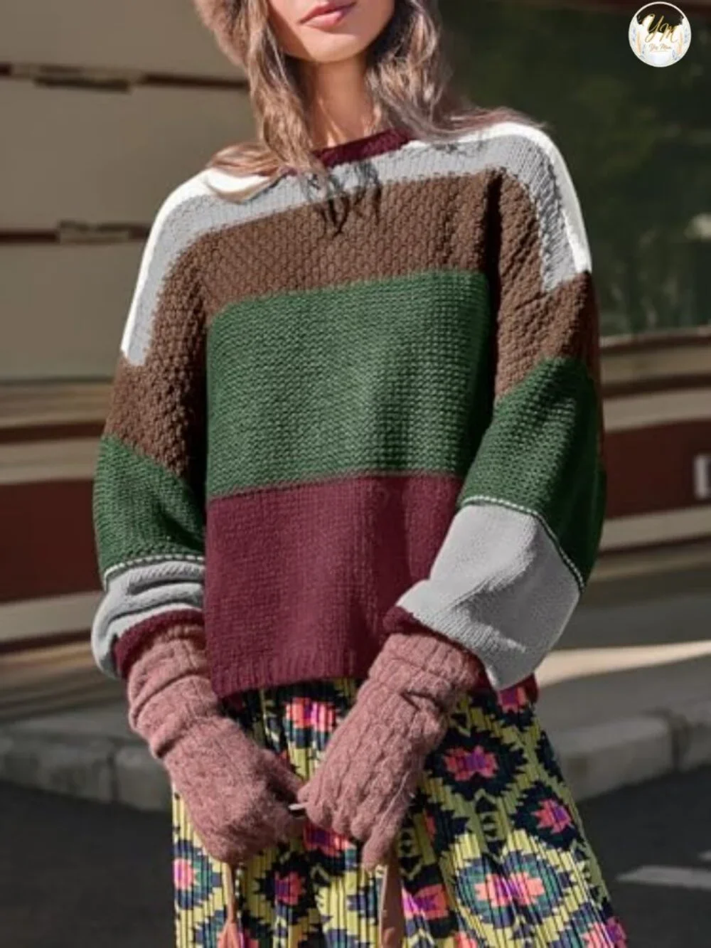 Women's Cropped Color Block Knit Pullover Sweater, Oversized Y2K Top